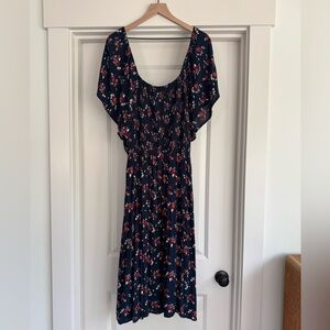 Susina Navy Floral off the shoulder Midi Dress